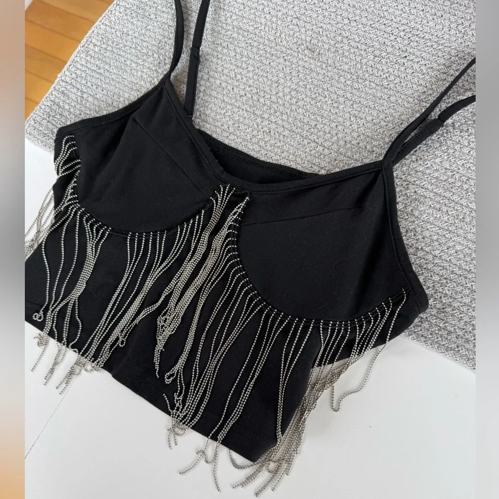 SHEIN Black Silver Bead Chain Corset Going Out Top Adjustable Spaghetti Straps L